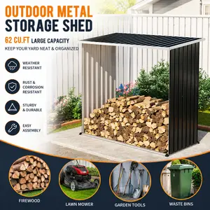 Outdoor Metal Storage Shed and Weatherproof Firewood Rack Large Patio Organizer 62 Cu Ft Heavy Duty Sloped Roof for Lawn Mower Yard Tools Garden Equipment Backyard Organization and Home Outdoor Storage Solutions