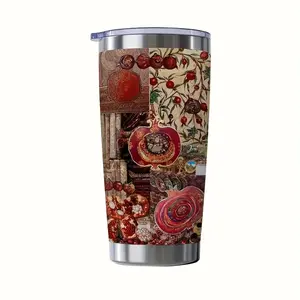 Pomegranate & Floral Pattern Insulated Thermos Cup, Dual Drink Hot & Cold Coffee Water Bottle with Lid, Vibrant Portable Design, Perfect for Office, Travel, Sports, Outdoor, Valentine’s Day Gift, Stylish Drinkware