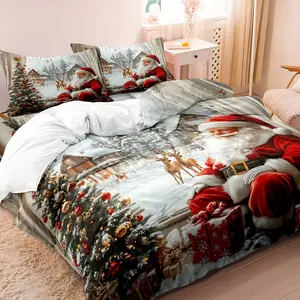 3pcs Christmas, Santa Claus, Sleigh, Reindeer, Christmas Tree, Santa Claus, Snow Cabin Design Pattern, Adopting 3d Digital Printing Duvet Cover Kit Bedding Does Not Include Filling Fabric Suitable For Bedroom,Christmas Gift 1* Duvet Cover +2 Pillowcase