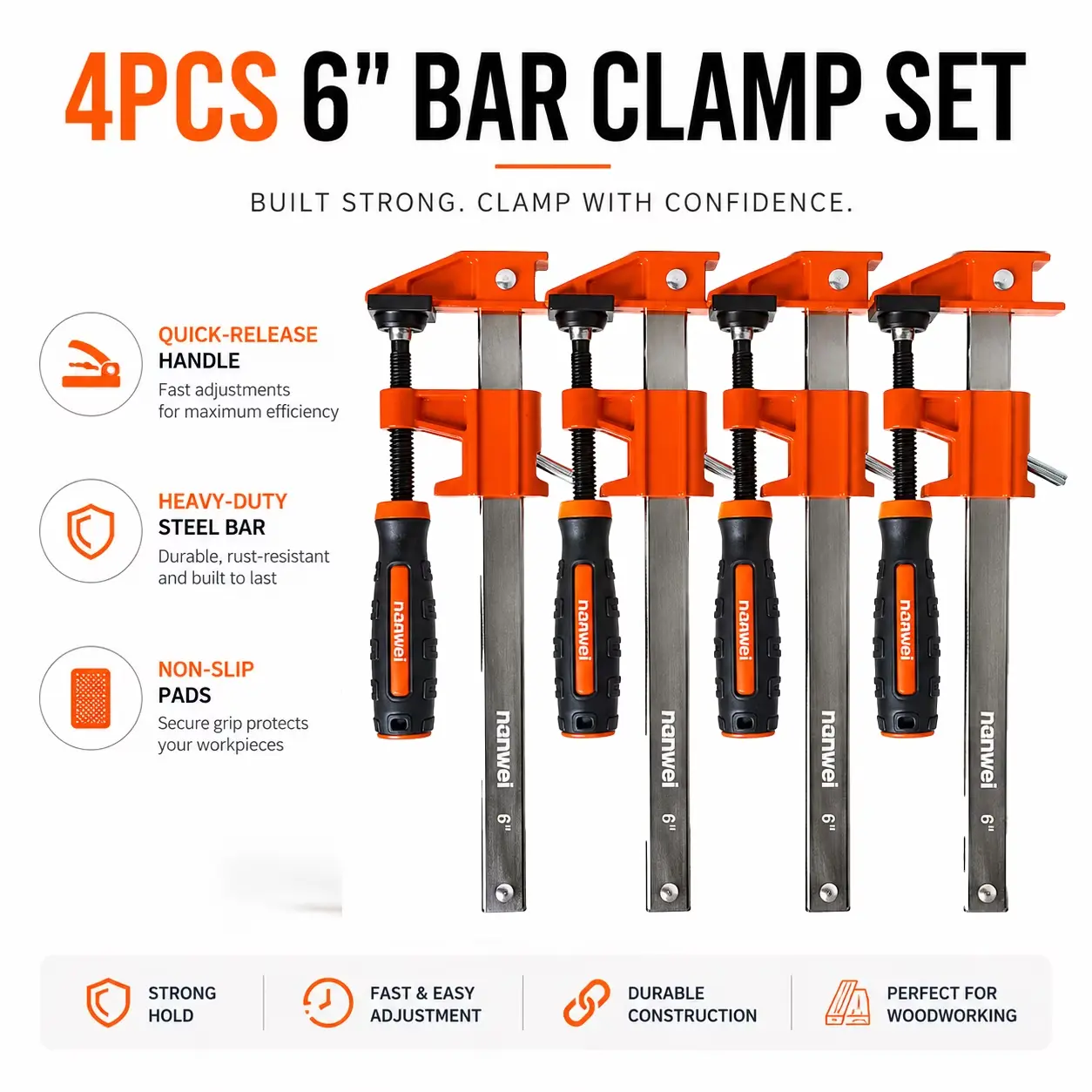 4PCS 6 Inch F Bar Clamp Set, Heavy Duty Quick Release Woodworking Bar Clamps with Non-Slip Soft Pads for Carpentry DIY Project Assembly