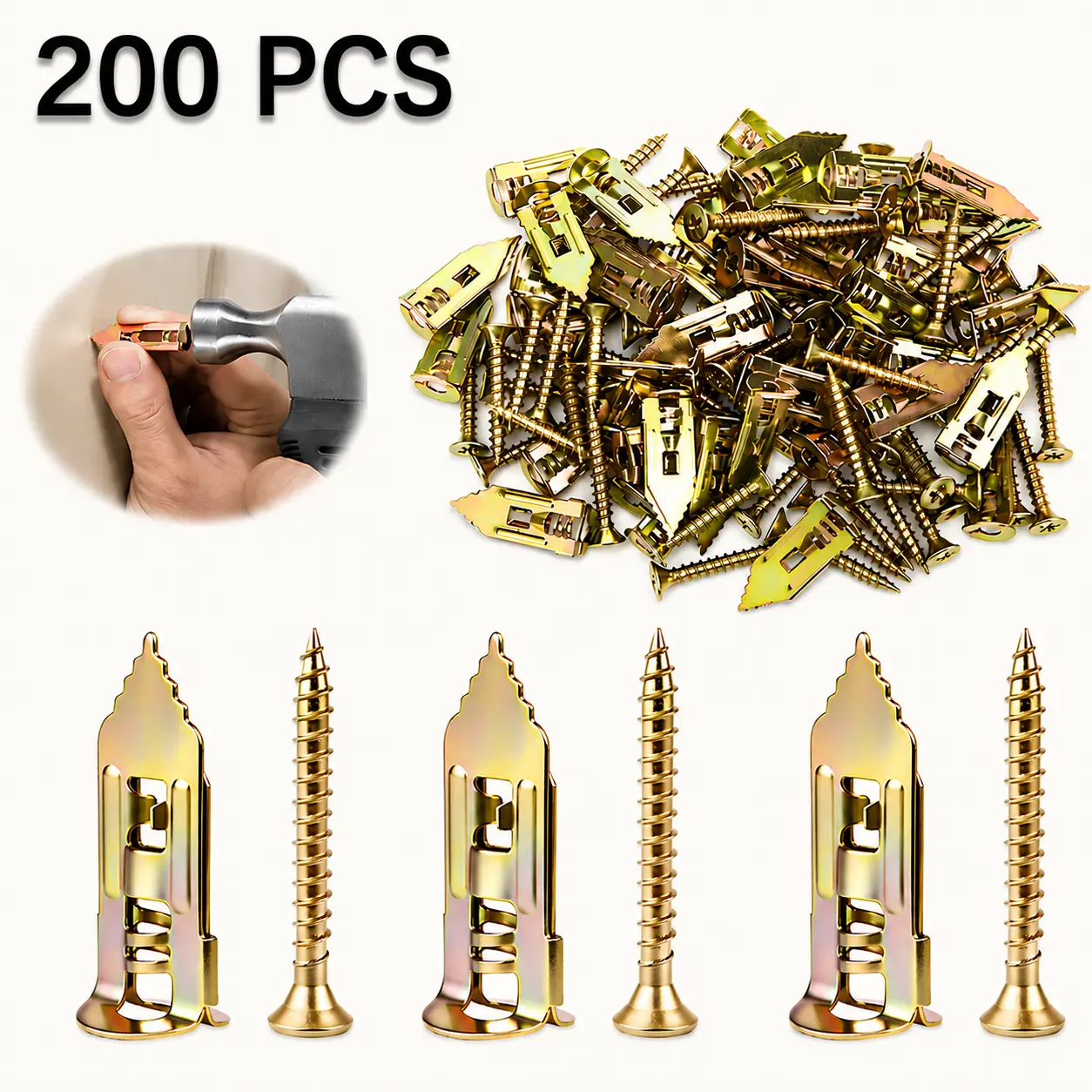 200PCS/100PCS/50PCS Quick-Install Expansion Plug & Screw Kit No Drill Required Made of Heavy Steel Dust Free Anti Oxidation with Adjustable Brackets for Drywall Wood Home Hanging Storage