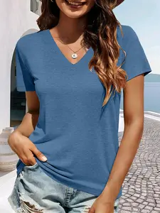 Color Cotton V-Neck Short Sleeve Women's T-Shirt, Casual Fitted Solid Pattern, All Seasons Everyday Wear, Comfortable and Stylish Top