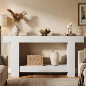 Garvee 63" Farmhouse Console Table for Entryway - 2-Tier Storage Shelf, Rectangular Sofa Table for Living Room & Hallway, Heavy-Duty Accent Table Behind Couch