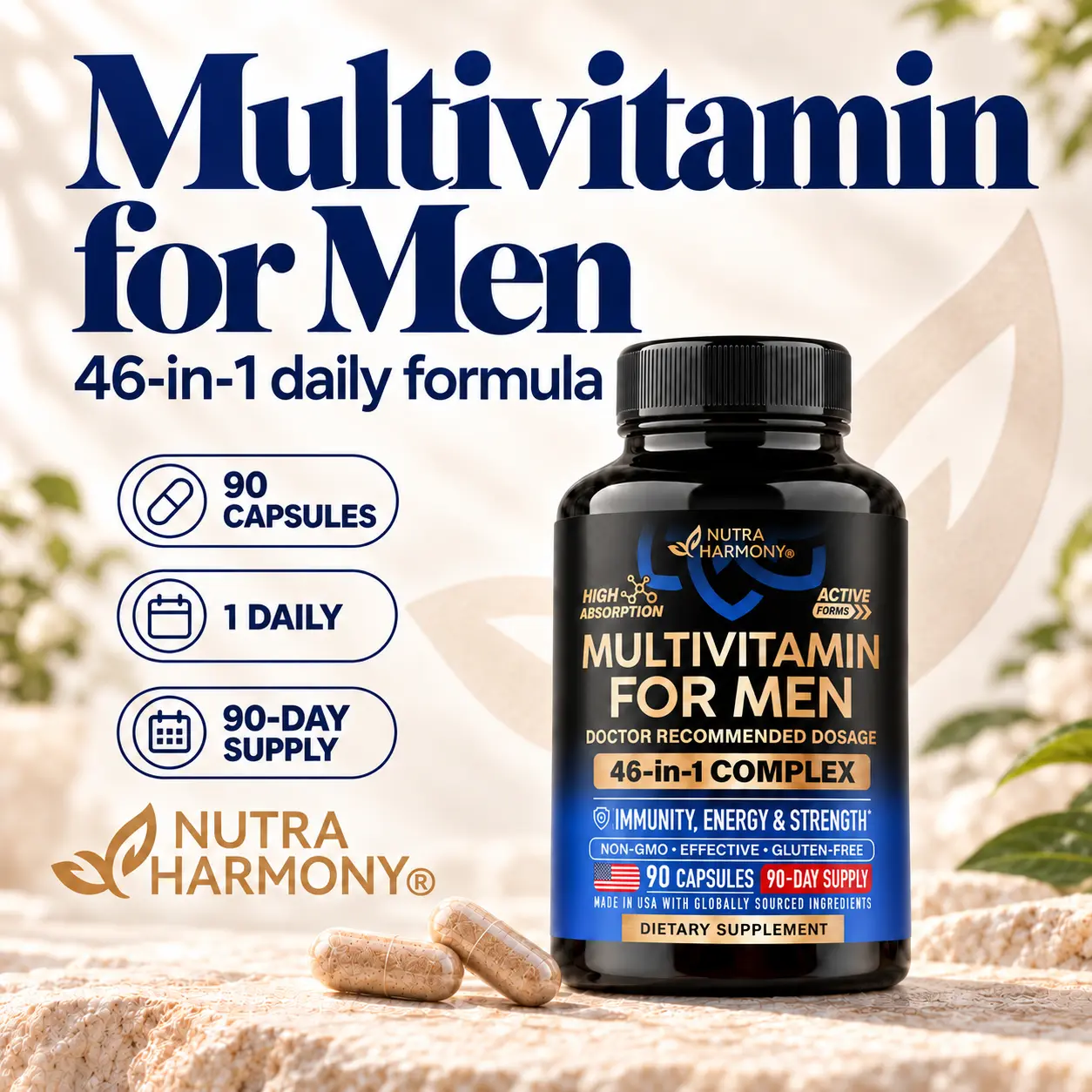 NUTRAHARMONY 46-in-1 Multivitamin Complex for Men. B-Complex, Whole Foods & Enzymes for Energy, Focus & Brain. Bioavailable & Gentle on Stomach. Made in USA. 90 Capsules