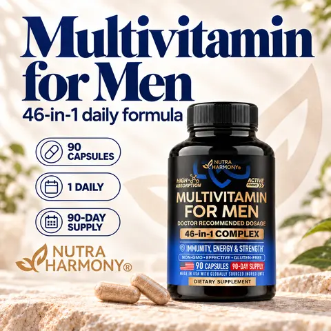 NUTRAHARMONY 46-in-1 Multivitamin Complex for Men. B-Complex, Whole Foods & Enzymes for Energy, Focus & Brain. Bioavailable & Gentle on Stomach. Made in USA. 90 Capsules