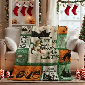 Cozy Cat-Themed Fleece Blanket - Soft Plush Fleece with Retro Kitten & Tabby Cat Patterns, All-Season Warm Bedspread or Couch Throw, Machine Washable Gift for Cat Lovers (Multi-Color, Fits Bed, Sofa,)