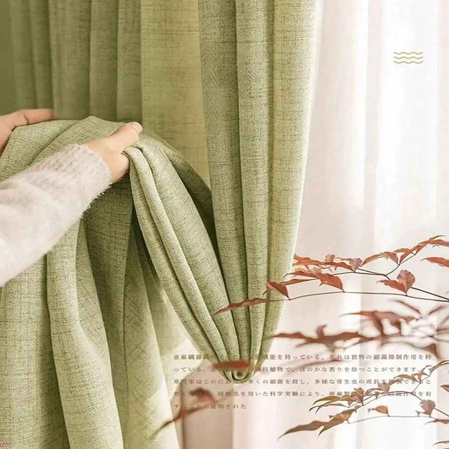 Classic Japanese Style Linen Curtain, Matcha Semi-Sheer Drapes, Warm Living Room Window Curtains, Rod Pocket Design, All-Season Use, Room Decor Curtain, Home Textile