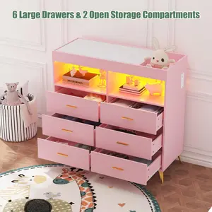 Garvee Baby Changing Table Dresser with 6 Drawers, Changing Pad, LED Lights, and Charging Station - Multifunctional Nursery Dresser for Kids Room, Pink