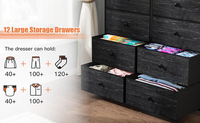 Raybee Furniture Dresser with 12 Drawers, Wooden Top Metal Frame Fabric Storage Organizer Cabinet, Tall Dressers for Girls Bedroom, Living Room, Hallway, Closet
