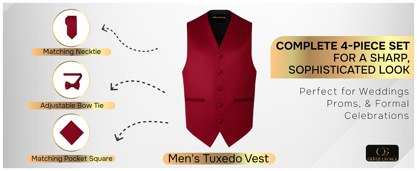 Oliver George Men's 4pc Formal Vest Set: The Ultimate Wedding & Prom Look | Includes Waistcoat, Tie, Bowtie & Pocket Square | XS-4XL All Sizes | 20+ Stunning Colors Oliver George Men's 4pc Formal Vest Set: The Ultimate Wedding & Prom Look | Includes Waistcoat, Tie, Bowtie & Pocket Square | XS-4XL All Sizes | 20+ Stunning Colors