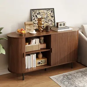 Modern Wood Fluted Sideboard Buffet Cabinet - Sliding Door, Adjustable Shelf Storage, Accent Coffee Bar Console Table for Kitchen, Living Room