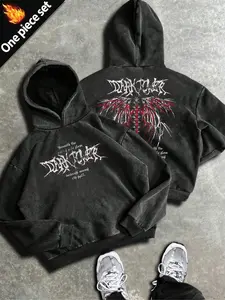 Men's Thorn Print Hoodie Set, Cool Dark Aesthetic Two-Piece, Graphic Warm Fleece Fabric, Loose Fit, Gothic Urban Style, Casual Winter Wear