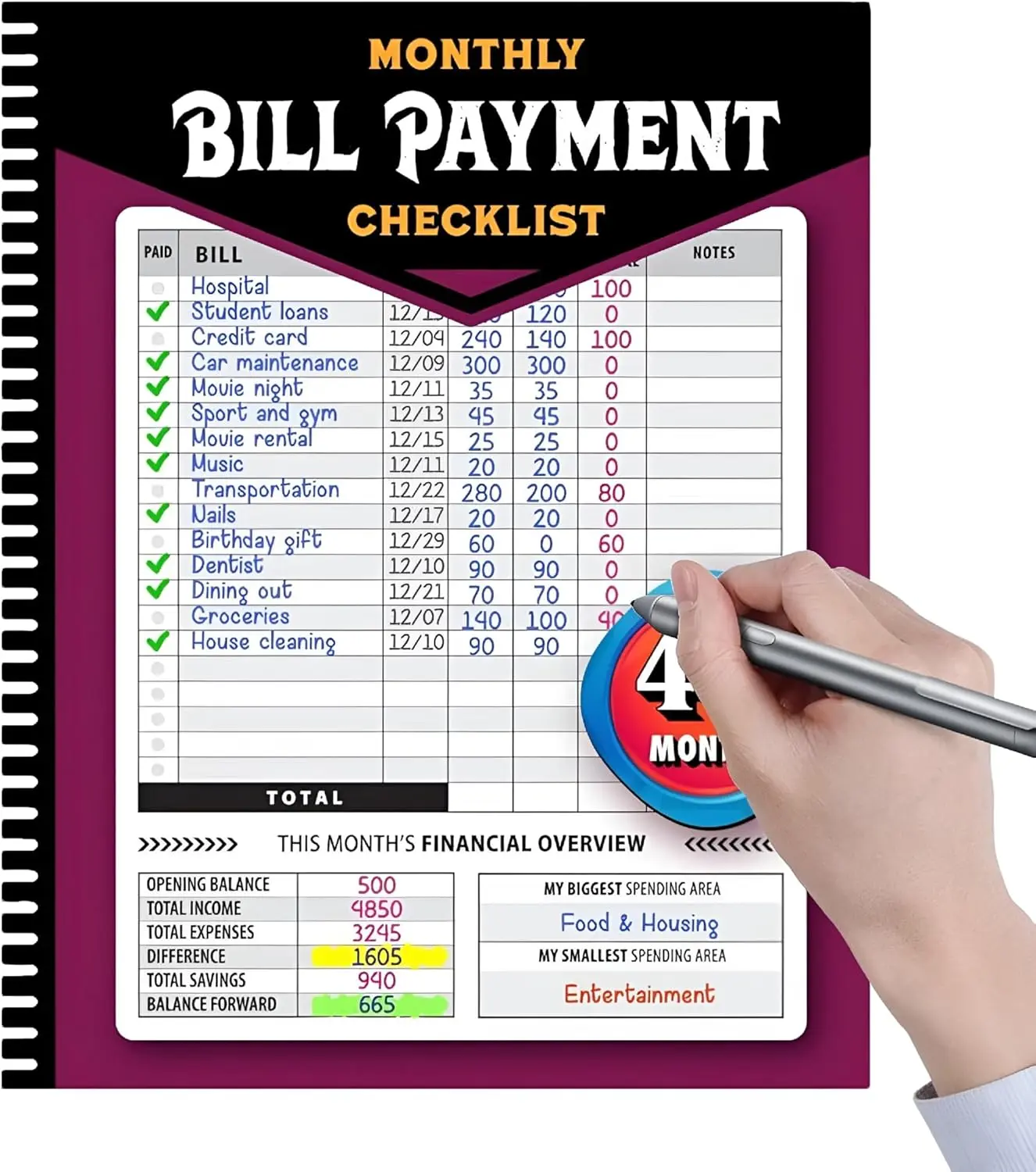 48-Month Budget Tracking Notebook - Monthly Financial Organizer with English Paper, Weekly Planner, Bill Payment Checklist,  Notepad for Personal Finance Management, Office Stationery Supplies