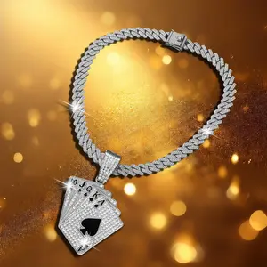 Miami Cuban Link Chain with Royal Flush Playing Card Pendant Inch Silver Zinc Alloy Hip Hop Necklace Lucky Charm Jewelry for Men Women