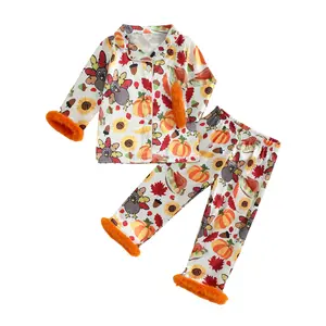 Toddler Baby Girl Thanksgiving Fuzzy Pajamas Set Cute Turkey Sunflower Print Button Down Shirt and Pants Holiday Pjs for Kids Loungewear Set