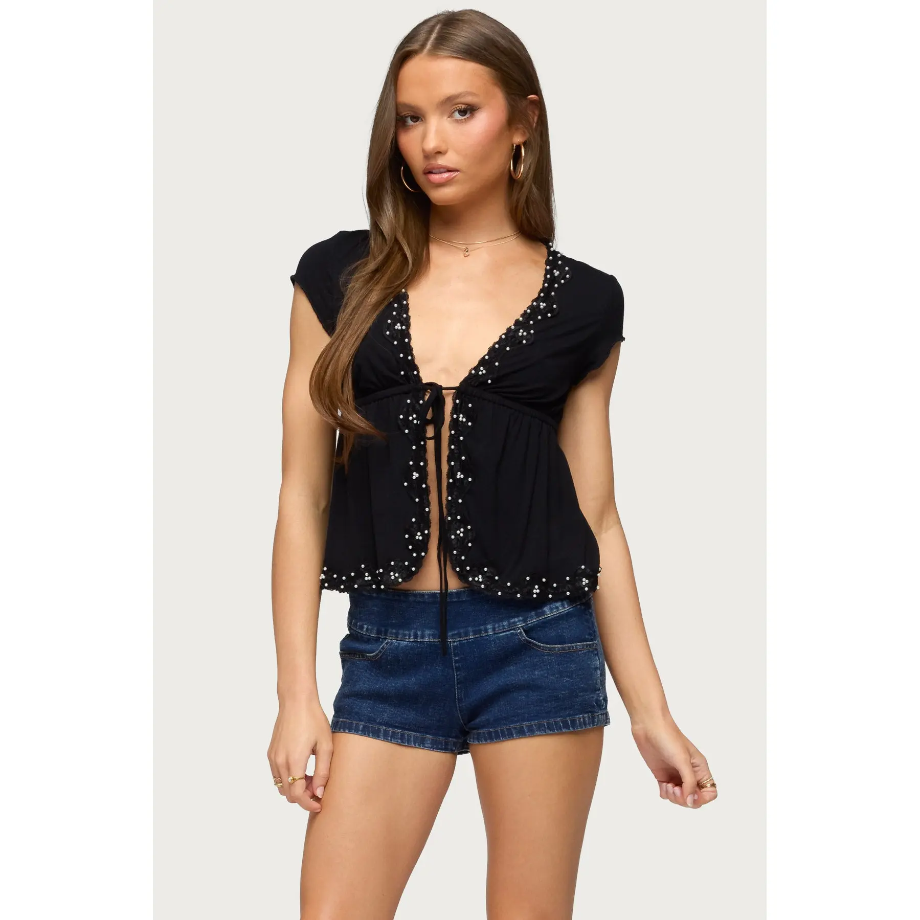 Sepede Lacey Pearl Tie Front Top
