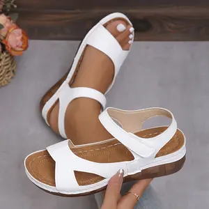 [Summer |   Comfortable] Comfortable Summer Wedge Sandals |   Women's Casual Open Toe, Ankle Strap, PU Cover, Arch Support |   White & Brown Design, Ladies Beach Shoes