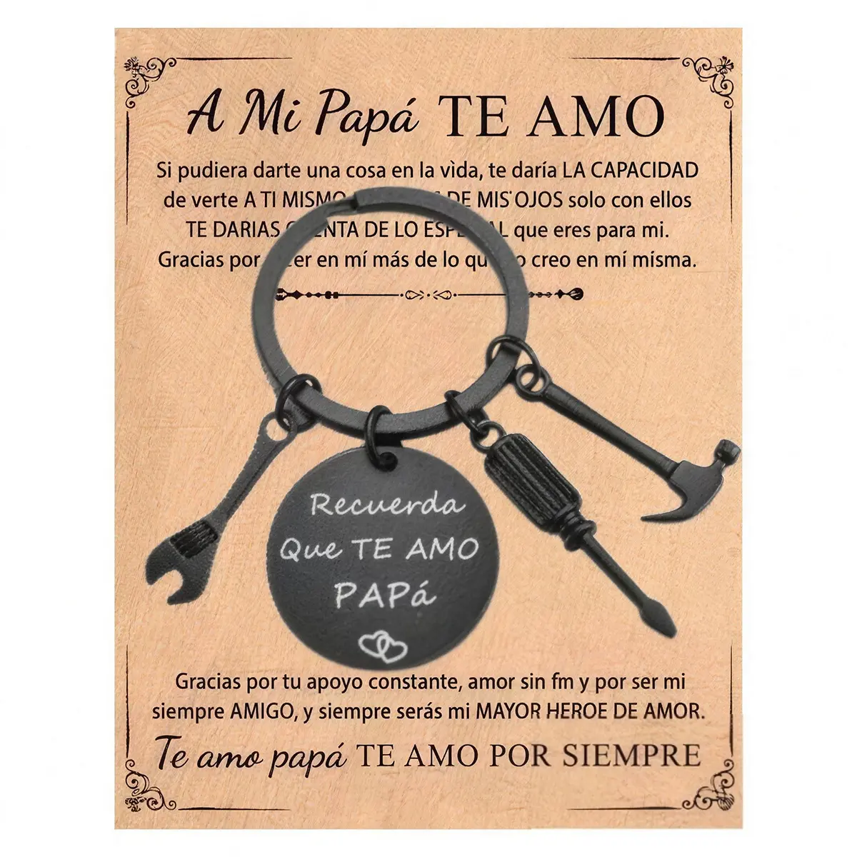 Father’s Day Dad Tool Keychain with Paper Card + Gift Box Stainless Steel Mini Hammer Wrench Screwdriver Car Key Ring Engraved "Recuerda Que Te Amo Papá" Gift for Men Papa Grandpa Cute Black Cat purse gains animal