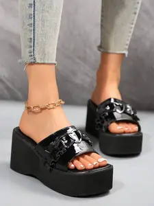 Women's Fashionable Solid Color PU Leather Platform Sandals, Casual Comfortable Rubber Platform Sandals for Daily Wear, Trendy All-match Sandals for Women & Girls, Flatform