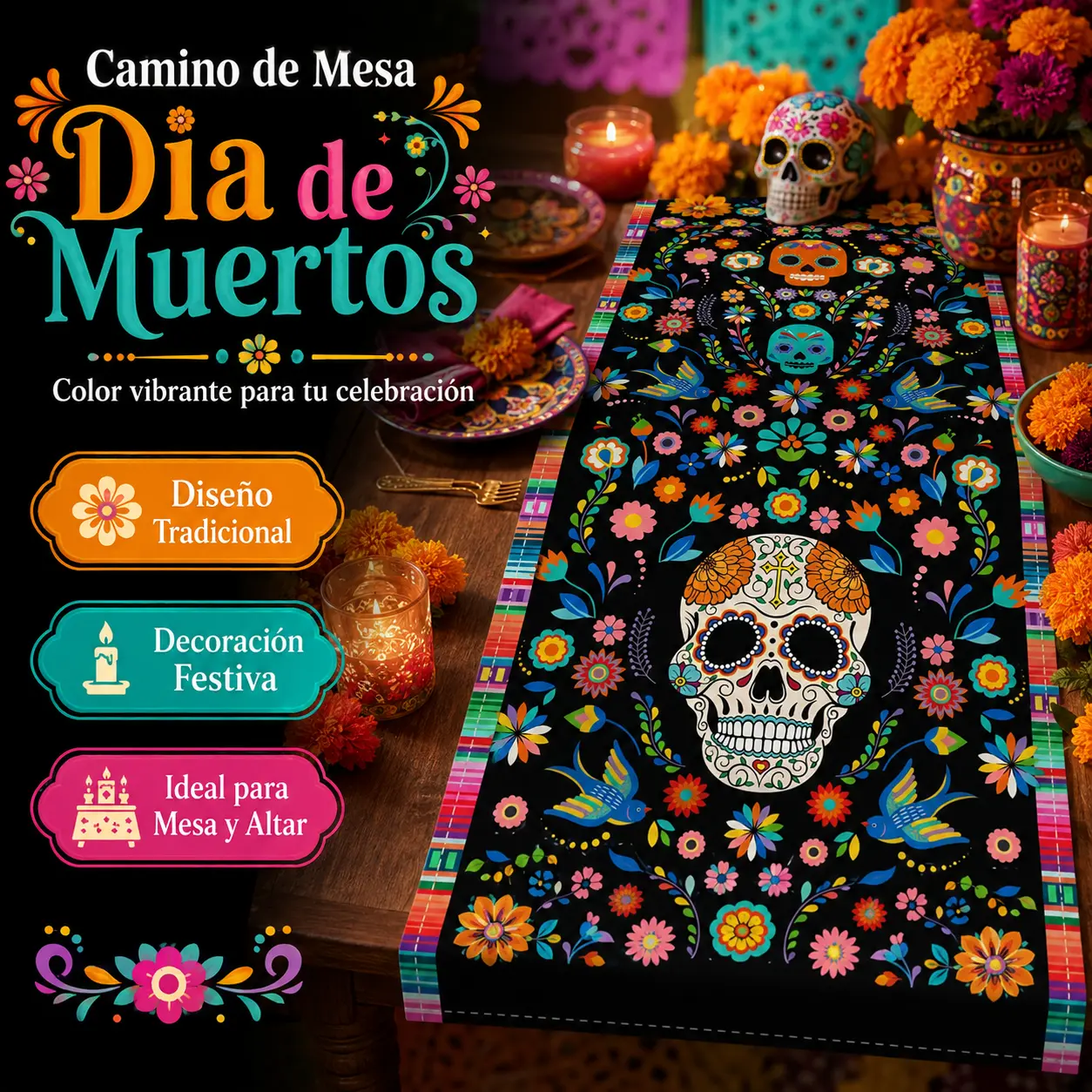 Dia de los Muertos Table Runner, Mexican Sugar Skull Marigold Floral Tablecloth, Colorful Day of the Dead Dining Table Decor, Halloween Fiesta Party Decoration for Kitchen Home Outdoor