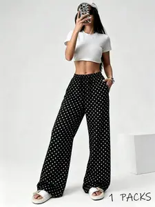 Women's Polka Dot Wide Leg Pants, Elastic Loose Fit Casual Straight Leg Long Pants, Fashionable All Season Streetwear