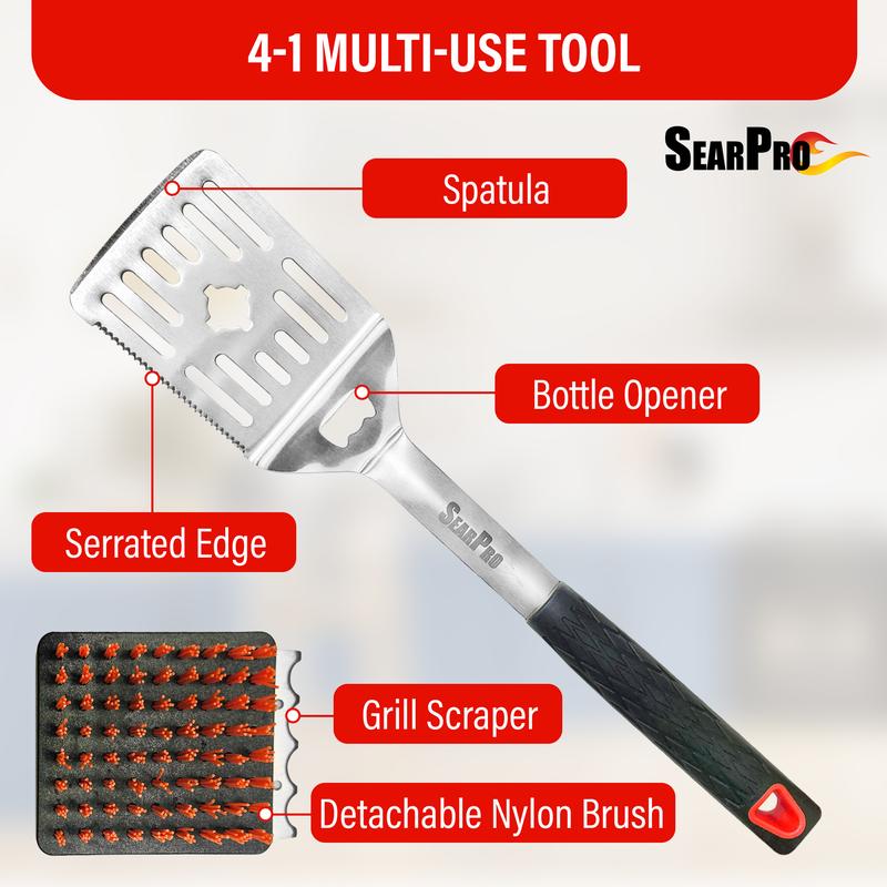 SearPro 4-in1 Grill Brush Spatula BBQ Cleaner Scraper Barbecue Tool Accessories Kit Heat Resistant Nylon Bristle Spatula Outdoor Smoker Black Stone Grate Cast Iron Spatula Non-Wire Brush Combo