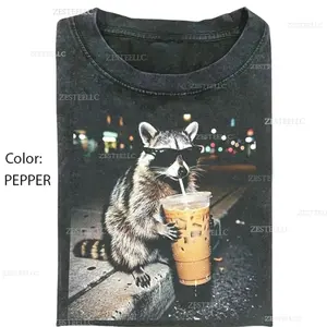 Men's Menswear Round Neck T-Shirt - Casual Streetwear Top with Funny Raccoon Drinking Iced Coffee Animal Meme Graphic, Ideal Gift for Men, EUC4, Tshirt