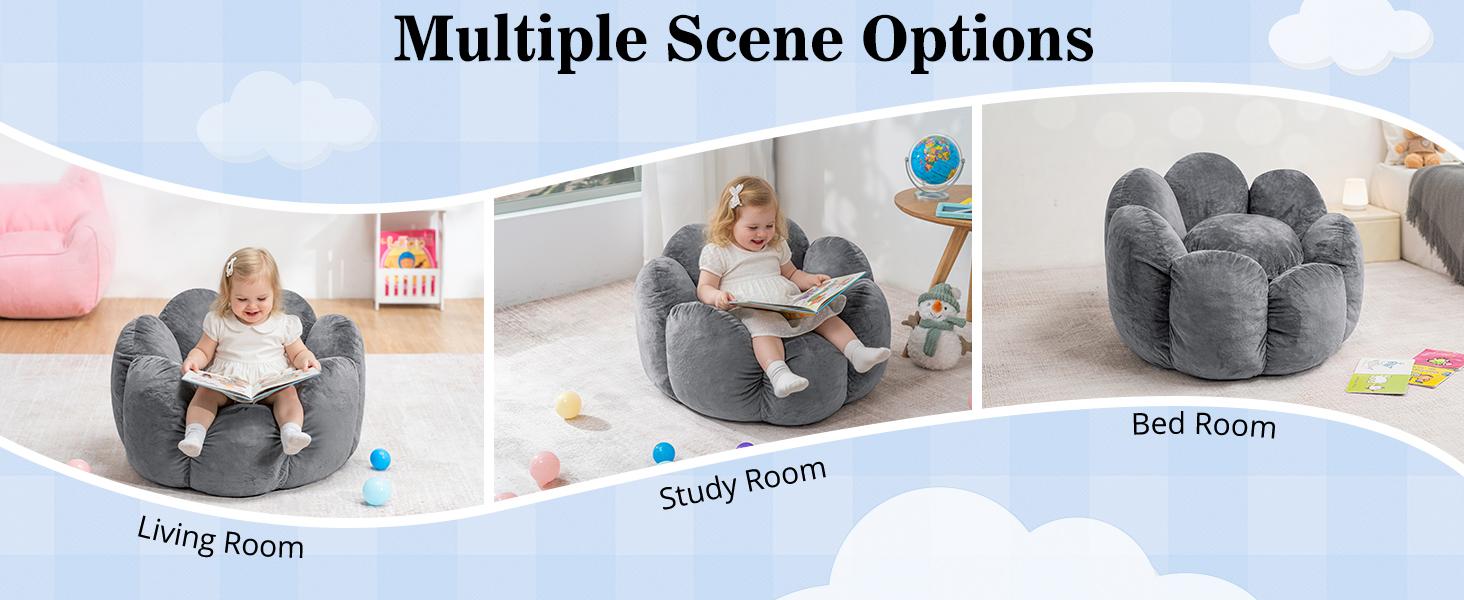 HOMMPA Kids Bean Bag Chair Flower Shape Bean Bag Sofa Comfy Velvet Bean Bag Chair for Kids Boys and Girls Baby Lazy Floor Sofa Chair for Gaming Reading Playing Grey