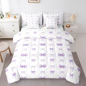 Cute Purple Bow Comforter Bed Set with Sheets,Girls Purple Ribbon Bow Tie Bedding Set,7 Piece Kids Women,Coquette Bowtie Bed Bag,Princess Bows Sheet