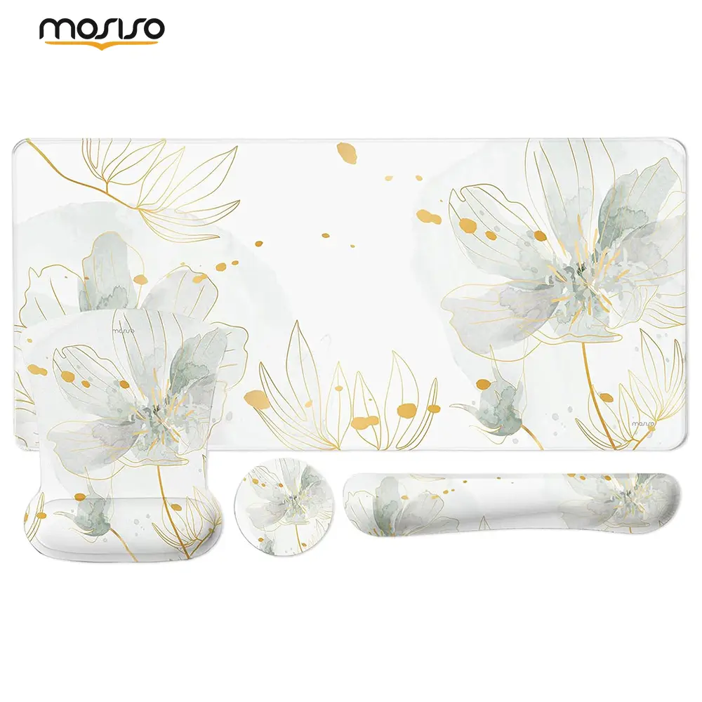 MOSISO Desk Pad Mat Keyboard Mouse Pad Set, Large Gaming Mouse Pad&Keyboard Wrist Rest&Mouse Pad with Wrist Rest&Coaster, Ink Petals Ergonomic Non-Slip Mousepad with Memory Foam for Home Office
