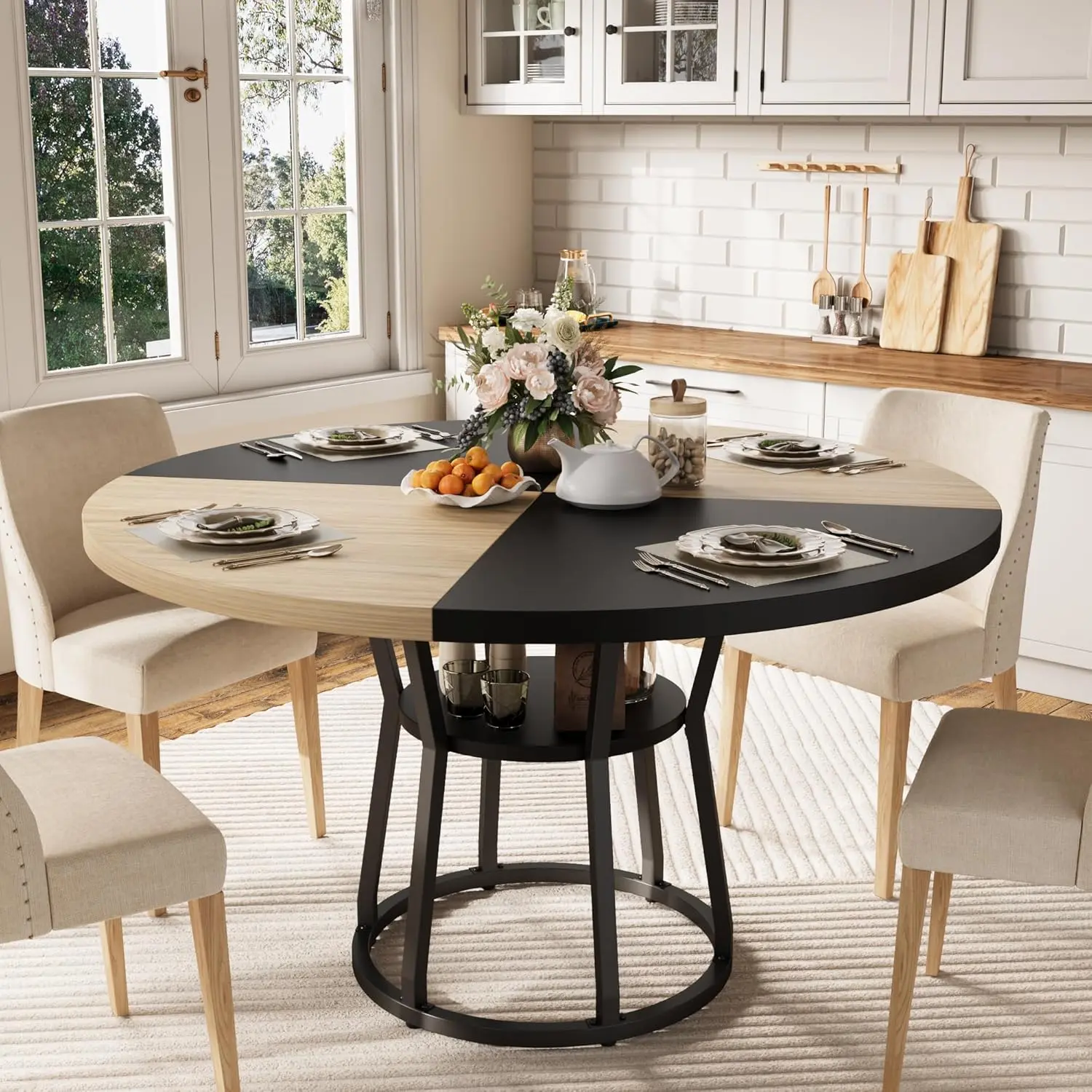 Farmhouse Round Dining Table for 4-6 Wooden Table with Metal Base, Storage Shelf 220kg Capacity, Durable – Kitchen, Living Room, Apartment