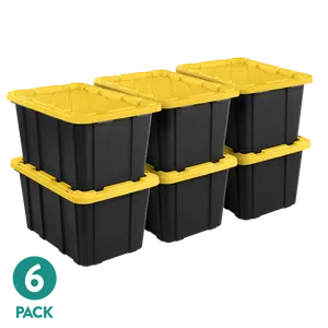 Sterilite Large Storage Bin, 27 Gallon Durable Plastic Storage Tote with Snap-On Lid, Black and Yellow, 6 Pack