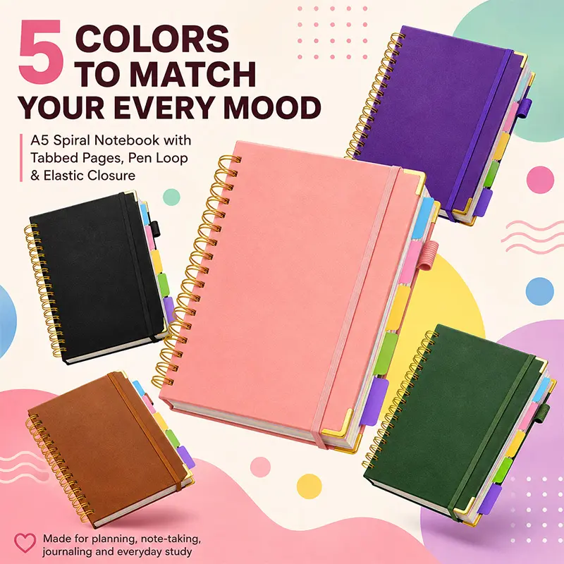 A5 (8.3in*5.8in) faux leather hardcover notebook - flat spine, spiral binding | 300 pages, 100 GSM, thicker ruled notebook | Includes 5 topic classification systems + detachable divider pages | Stationery gift box for university students at the start of t