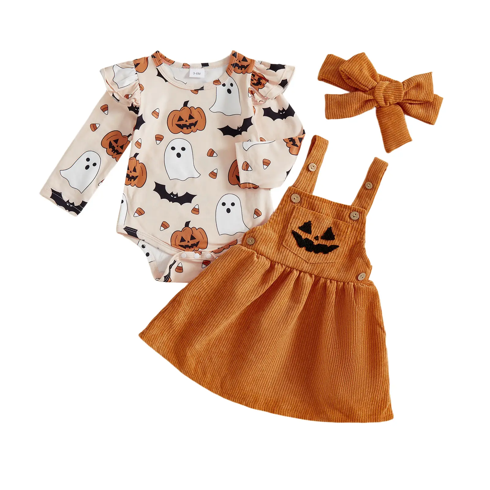Baby Girls Halloween Outfit Pumpkin Print Long Sleeves Romper and Suspender Dress Headband Set Cute 3 Piece Clothes