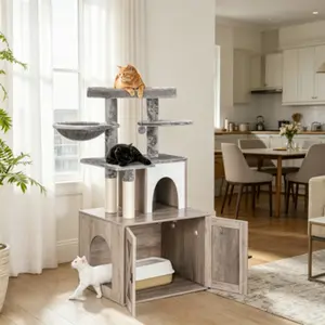 Cat Litter Box Enclosure Integrated with Cat Tree Tower and Private Condo, Stylish Hidden Pet Washroom Furniture Equipped with Sisal Scratching Post and Cozy Plush Rest Perch, Sturdy Wooden Cat Cabinet with Multi-Level Activity Platforms, Gray Finish