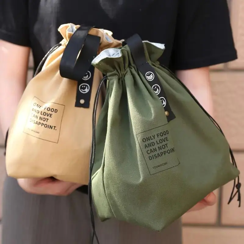 Canvas Lunch Bag with Drawstring Closure and Insulated Interior, Hand Washable Rectangular Tote for Work or School, Durable Insulated Bag