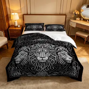 2/3Pcs Black and White Tribal-Style Lion Totem Bedding Set, Sold Without Fillings, Made of Ultra-Soft Microfiber Fabric That’s Breathable and Gentle on the Skin, Fits a Variety of Bed Sizes, and Makes a Stylish Gift