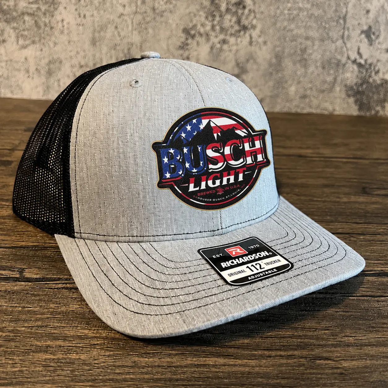 Unisex Busch Light Beer American Flag Mountain Patch Snapback Hat - Heather Gray, Black Mesh Back, Adjustable Snap, Casual Wear, Outdoor Sports Accessory, Gift for Beer Lovers