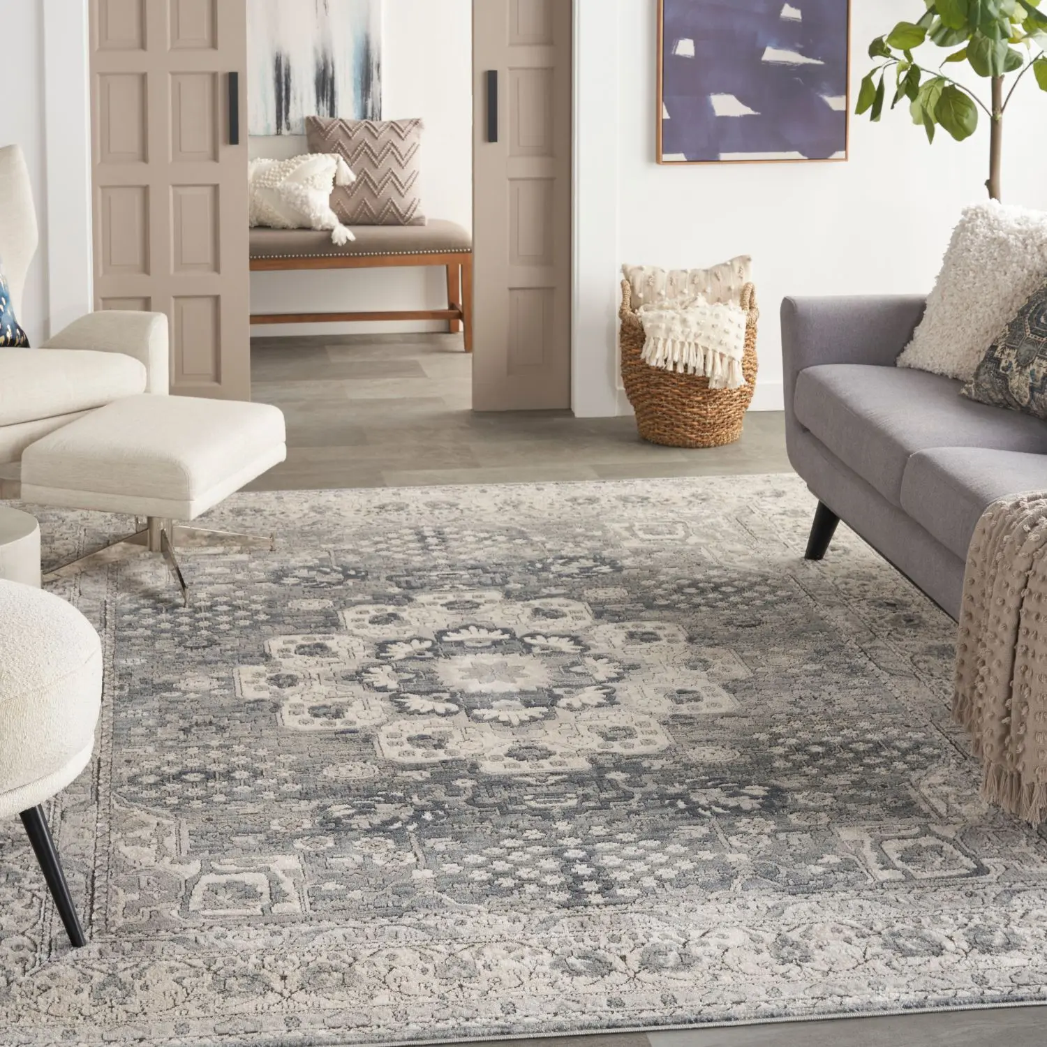 Nourison Concerto Power-Loomed Blend Vintage Medallion Indoor Area Rug - Traditional Home Decor, Soft Texture, Floral Motif, Slate Living Room Mat