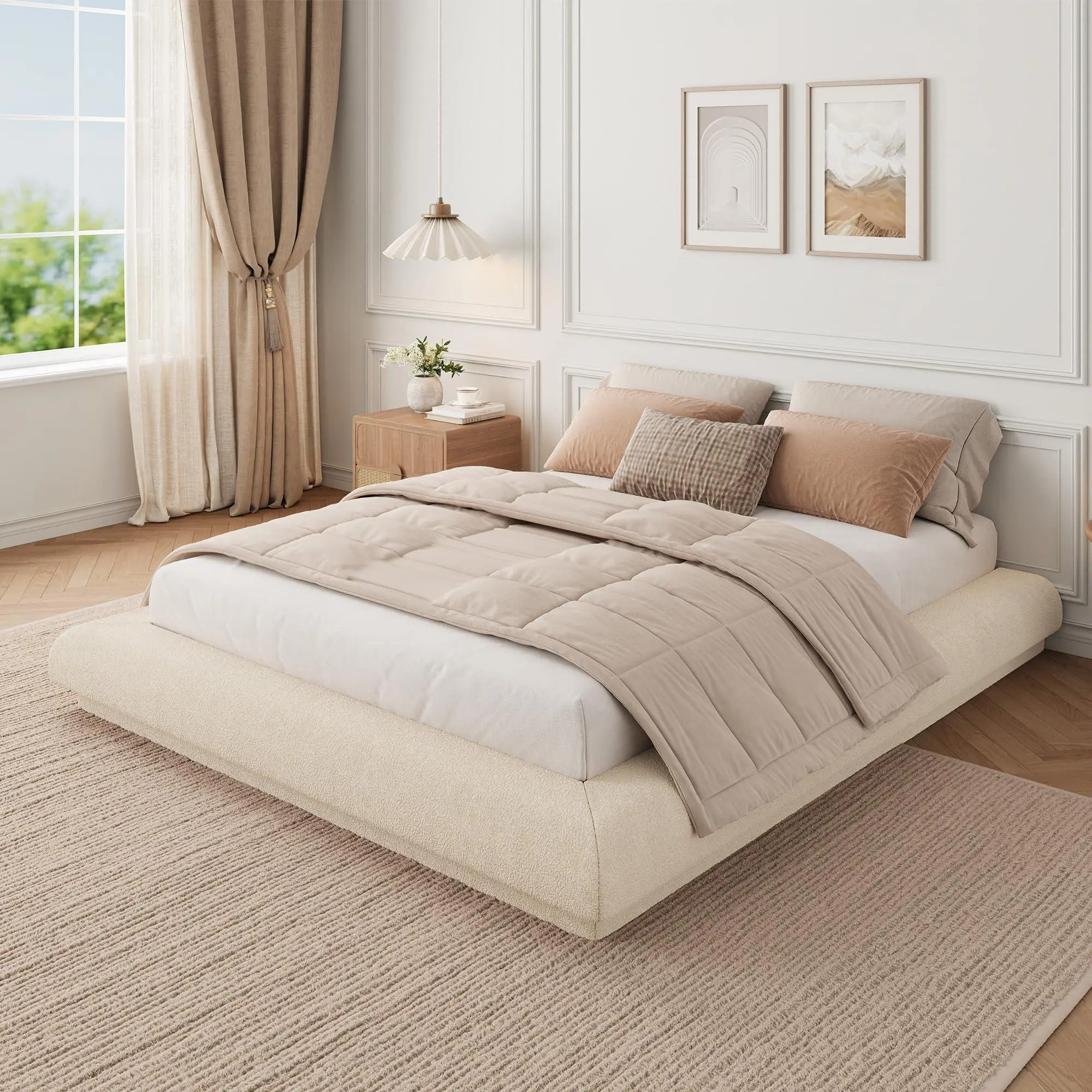 Gaomon Queen Size Cloud Upholstered Low-Profile Floating Platform Bed Frame Without Headboard - Lamb-Wool Soft, 990 lbs Load Squeak-Free Steel Slat Base, Vacuum-Packed for Bedroom