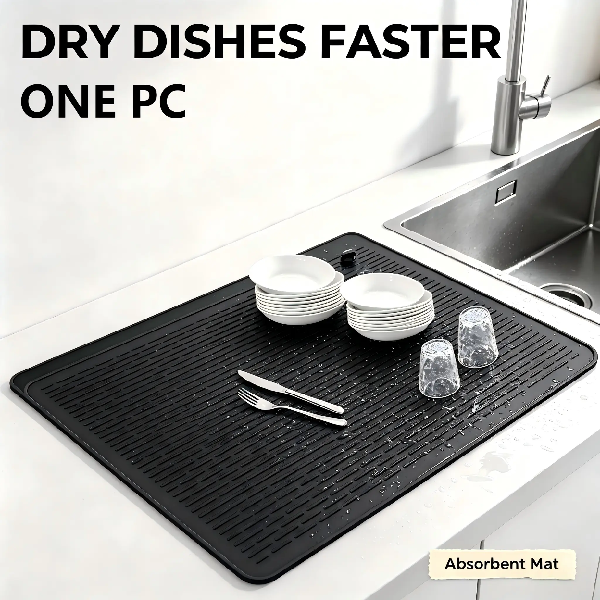 Food Grade Silicone Dish Drying Mat - Non-Slip Quick Dry Kitchen Drain Pad, Heat Resistant Stove Top Protector with Coasters for Tableware Draining, Countertop Stain Prevention, Reusable Home Gadget