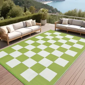 Large Outdoor Rug  Waterproof Modern Checkboard Plastic Straw Rug, Foldable Reversible Camping Mat, UV-Resistant Geometric Plaid Woven Carpet for Picnic, Deck, Green White