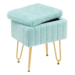 Vanity Stool Chair, Ottoman with Storage, Makeup Cute Soft Small Footstool, Modern Style Faux Fur Seat with 4 Metal Legs & Adjustable Feet for Dressing, Living Room, Bedroom, Dorm