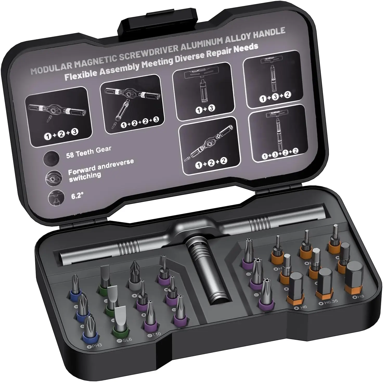 24-in-1 Magnetic Multipurpose Screwdriver Set with Case - Compact Portable Ratchet Work Tools Kit, Screwdriver Bits & Allen Wrenches for DIY Repair of PC, Bicycle (Black), Multifunctional Screwdriver