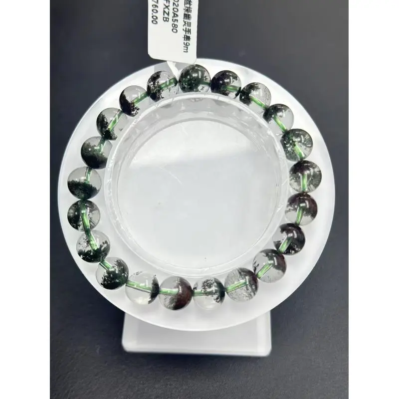 Unisex Natural Crystal Single-Loop Bracelet, Monet-Style Half-Pot Green Phantom Effect Quartz Beads Aesthetic Jewelry Gift