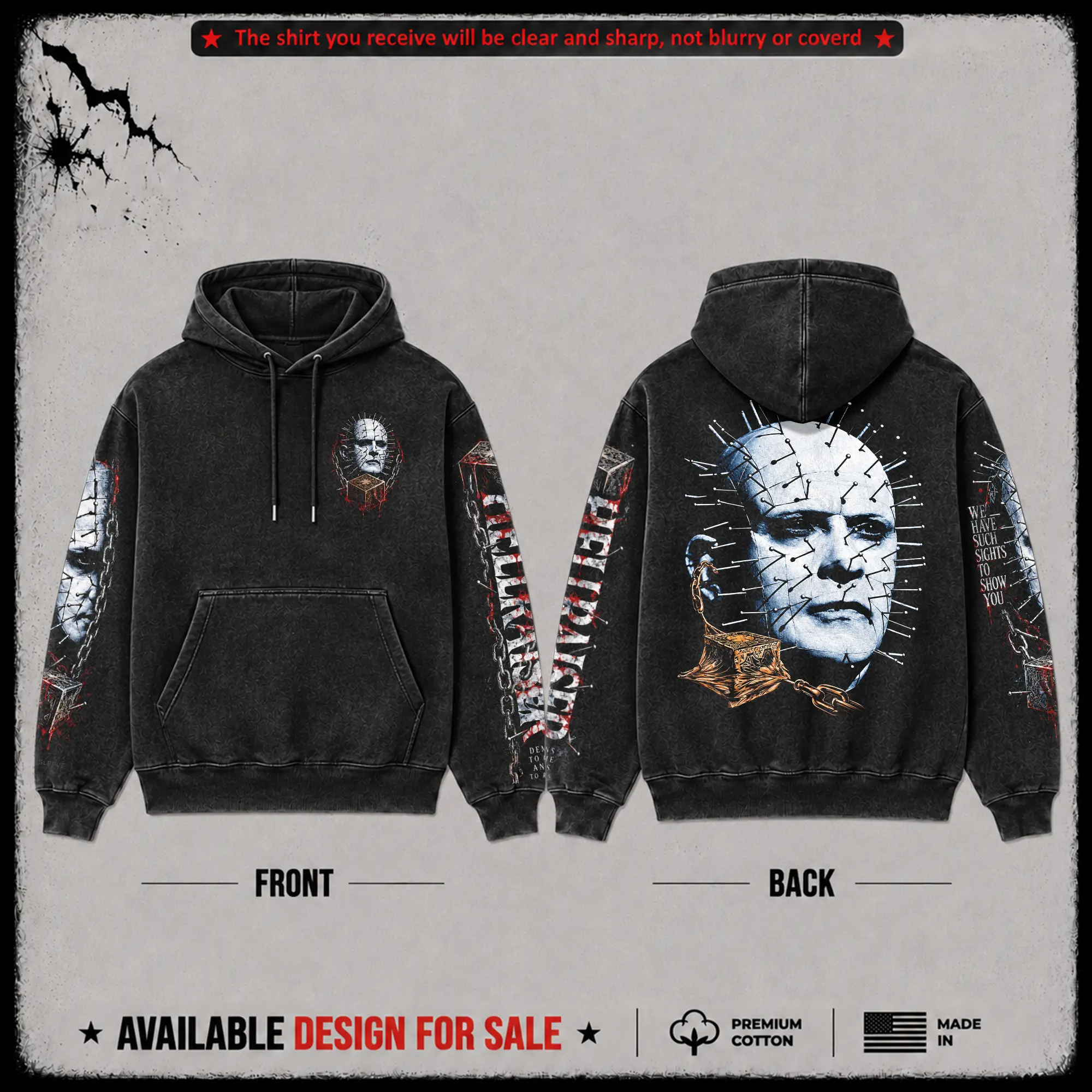 [X-26] Pinhead - Hellraiser Vintage Premium Acid Washed 100% Cotton Hoodie (Made In US), Halloween Movie Fans Outfit For Halloween, Gift For Horror Movie Fans, Pinhead Horror Fans Merch Casual Classic