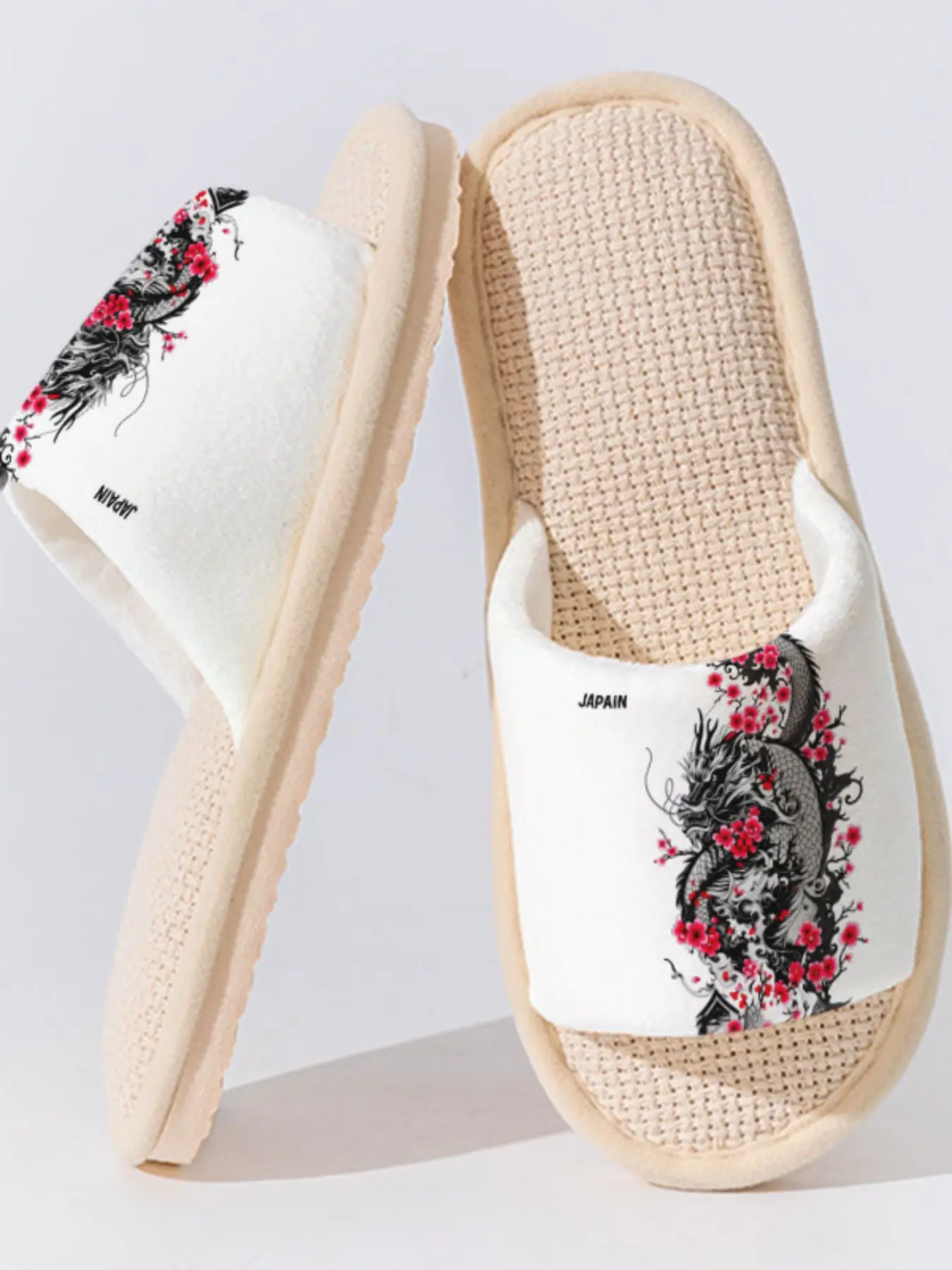 Dragon Pattern Linen Slippers, Breathable Anti-Slip Sole, Casual Home Wear, Bedroom Living Room Footwear, All Seasons
