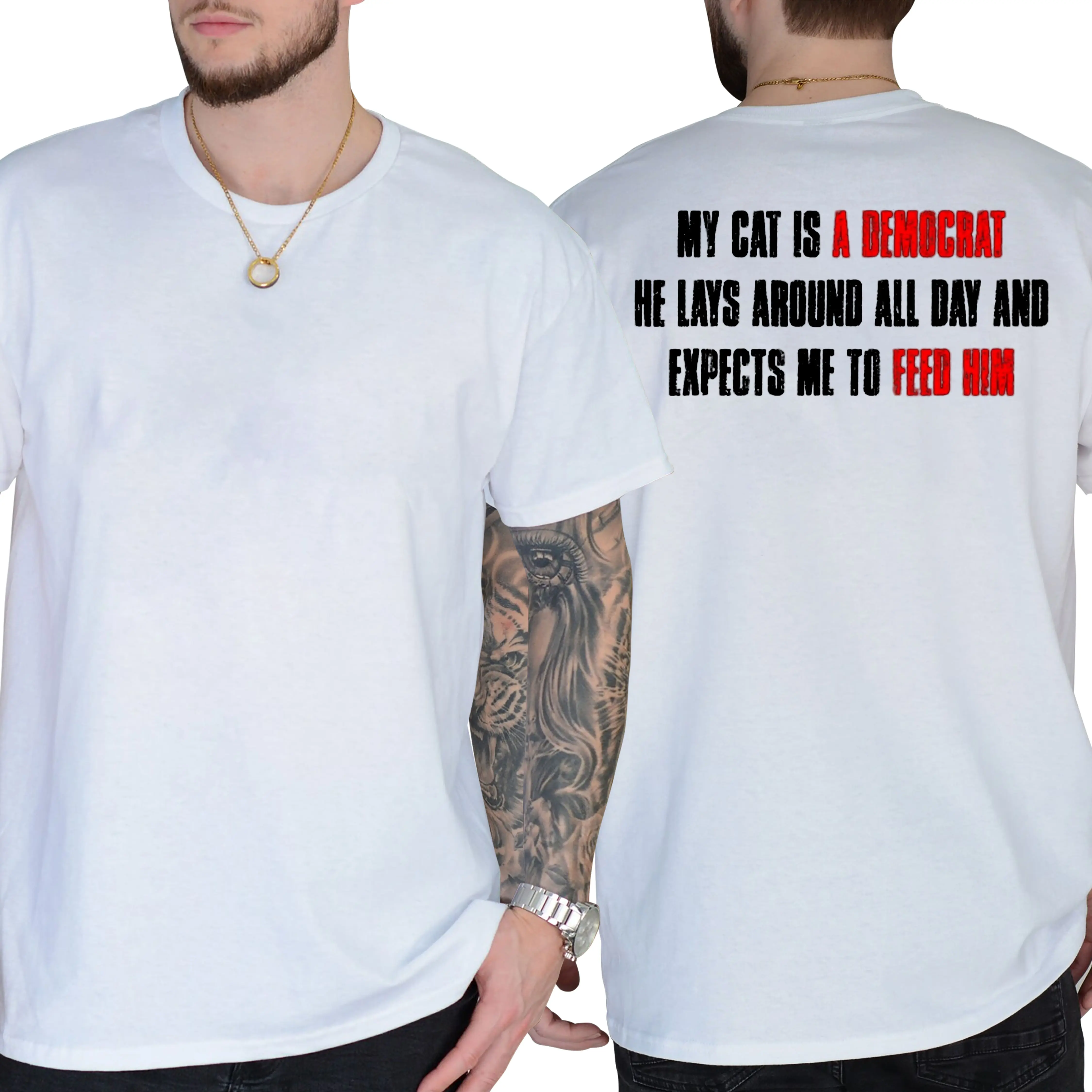 My Cat is A Democra Funny Cat Quote T-Shirt, Short Sleeve Printed Graphic Shirt, Daily Casual Menswear