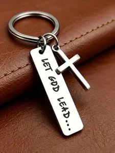 Christian Cross Keychain 'let God Lead' Engraved Key Ring, Stylish Keychain, Religious Believer Gift for Men Women, Inspirational Christian Jewelry