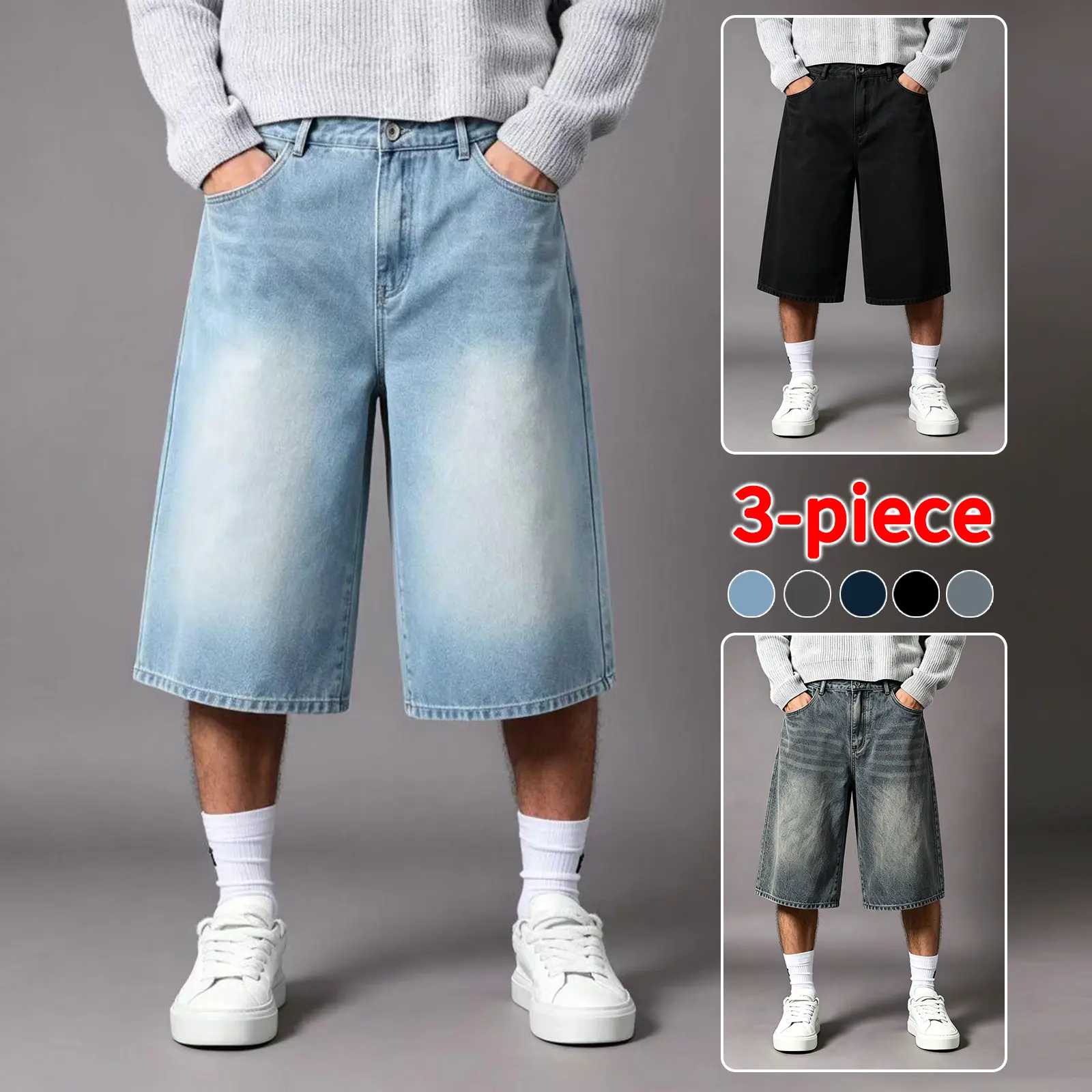 3-piece set of vintage faded bleached baggy wide-leg cropped denim shorts, comfortable straight cut, cotton fabric, basic solid light blue shade, ideal for outdoor trips, picnics, and weekend dates, trendy streetwear for teenagers, fashion denim specialty